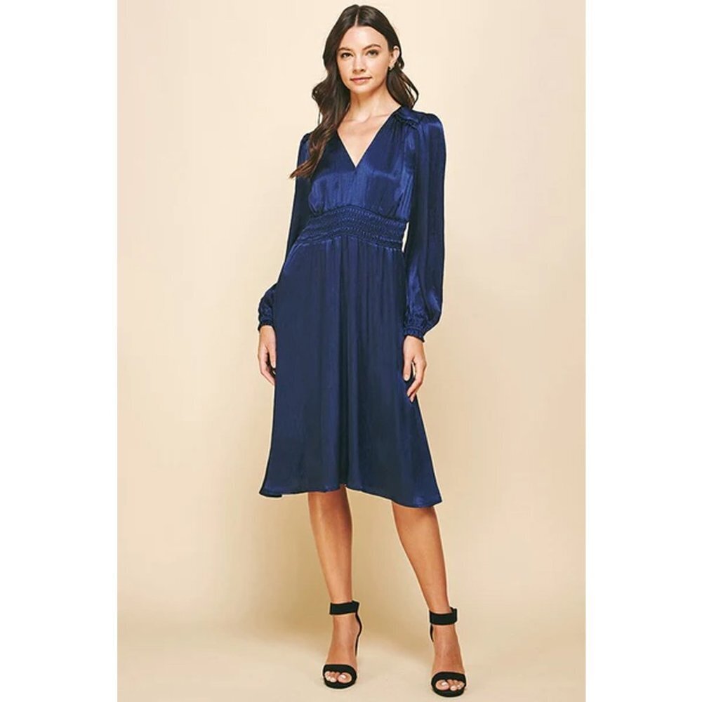 Pinch V Neck Long Sleeve Elastic Waistband Satin Midi Dress
